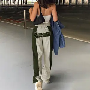 Женские бархатные брюки в стиле пэчворк, повседневные облегающие брюки для фитнеса с высокой талией и вышивкой букв, уличная одежда, широкие брюки