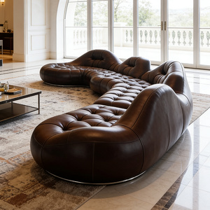 Canapé en cuir courbé de luxe moderne, capitonné, marron, Chesterfield, sectionnel, grand meuble de salon, canapé design sinusoïdal - Product Image 2