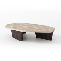 Mesa de Centro Ovalada Grande de Piedra Moderna con Patas de Madera, Diseño Elegante para Sala de Estar