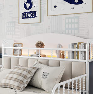 Cadre de lit plateforme en métal moderne pleine grandeur avec éclairage, lit réglable pour enfants avec tête de lit rembourrée écologique et rangement intégré - Product Image 5