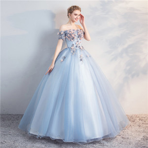 Off The Shoulder Tulle Evening Gown Long Skirt Stage Performance Dress Women Blue Gray Solid Color Polyester Fiber - Product Image 3