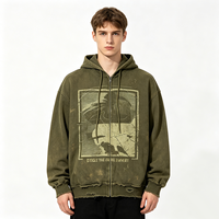 Sweat à capuche zippé déchiré et effiloché, imprimé Kornit DTG motif vintage déformé, délavé à l'acide, coupe oversize