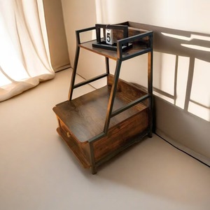 Antique-style ironwood bedside <b>table</b>, luxurious and high-<b>end</b> bedside <b>table</b> with steel and wood drawers, <b>storage</b> cabinet. - Product Image 3