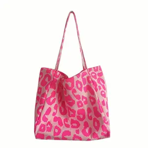 Hot Selling Pink Leopard Print Shoulder Bag Large Capacity Canvas Travel Handbags Fashionable Lady Tote Beach Bags