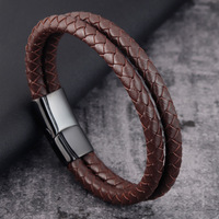 Bracelet en cuir véritable tressé multi-couches tendance, bracelet en cuir de vache double couche pour homme, fermoir magnétique en acier inoxydable