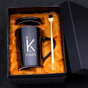 Venta al por mayor de tazas de cerámica negra de 12 oz <span class=keywords><strong>con</strong></span> logotipo dorado, tazas altas de porcelana y cuchara para café, <span class=keywords><strong>leche</strong></span> o regalos para agua hirviendo - Product Image 5