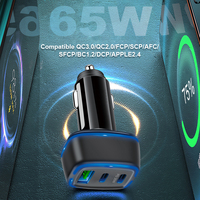 Pengisi daya ponsel tiga Port, pengisi daya ponsel daya tinggi 65W dengan 2 CIP cerdas & LED, adaptor tiga Port PD QC 3 Port