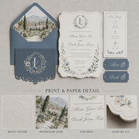 Suite d'invitations de mariage Manoir Européen, Kit de papeterie festonné personnalisé, Doublure d'enveloppe, Monogramme, Notre histoire, Étiquette cadeau, Cartes de mariage