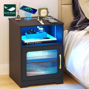 Modern Side Bed Lamp Dual Usb Charging Port Black Led Nightstand Glass Nightstands Storage Cabinet Night Stand Bedside Table