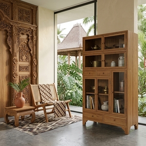 Wood Storage Cabinet With Glass Doors And <b>Drawers</b> Classic Style Three Layer Standing Type For Living Room Organization - Product Image 3
