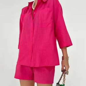 Ropa de Lino de Alta Calidad al Por Mayor a Bajo Precio, Blusas Holgadas Informales de Lino para Mujer, Traje de Shorts de Lino con Cintura Elástica - Product Image 5
