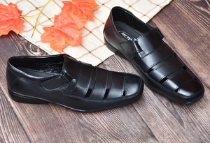 Sandales décontractées en cuir véritable noir pour hommes, design élégant à enfiler, respirabilité améliorée, ajustement flexible, semelle intérieure rembourrée - Product Image 2