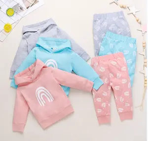 Bambino con cappuccio set 100% cotone felpa con cappuccio e pantaloni arcobaleno stampa 2020 del bambino del bambino delle ragazze che coprono gli insiemi