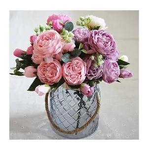 Rosa Seide Pfingstrose Flor Bouquet 5 Big Head Herzstück für Hochzeits dekor Kunstseide Blumen dekoration Rose Blumen
