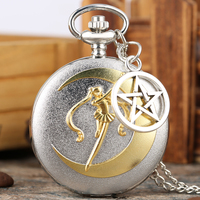 Reloj de Bolsillo Plateado de Anime Japonés Sailor Moon con Colgante, Reloj con Medallón de Niña y Luna con Cadena para Cosplay, Regalo