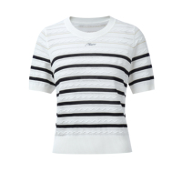 Haut en tricot ajouré rayé noir et blanc pour femme, col rond, broderie lettre, manches courtes, coupe ajustée, chemisier tricoté d'été pour le bureau