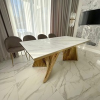 Ensemble de table à manger moderne Fanaosi, 8 chaises, plateau en marbre, pieds en acier inoxydable doré, assemblé, durable, pour la maison, l'hôtel, le restaurant, la cuisine