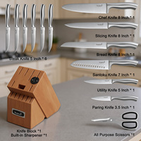 Ensemble de couteaux de chef en bois d'acacia de qualité supérieure, 15 pièces, manche en acier inoxydable, ciseaux de cuisine et aiguiseur intégré