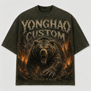 <span class=keywords><strong>Camiseta</strong></span> Gráfica Grunge Forest Bear Fire para Hombre, Marrón, Lavado Ácido, Oversize, Algodón Pesado, OEM/ODM, Logotipo Personalizado, Streetwear - Product Image 1