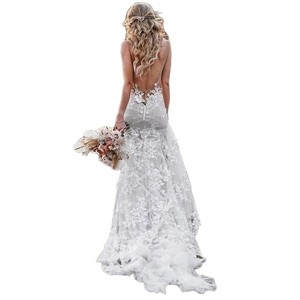 princess polly baby blue dress Halter Neck Sleeveless Backless Elegant Lace Chapel Train Wedding Dres –  Pandrodressy main image 1