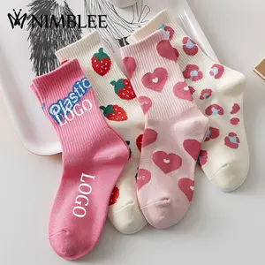 rosa hohe qualität oem erdbeere muster socken damen mädchen kinder frühling herbst mittlere kalb mannschaft baumwolle socken niedliche modische socken