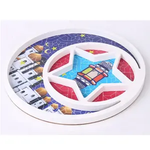 Pafu Islam muslim ramadan kareem rustic white round shape moon & star decorative tray eid mubarak snack serving wooden tray