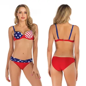 2022 Grosir Baju Renang Kustom Plus Ukuran Wanita Baju Renang Terpisah Bikini Seksi Backless Cetak Bendera Amerika Set Bikini Seksi Mikro