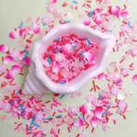 Mélange de pépites en argile polymère en forme de fleurs roses et pétales rose vif pour slime, gloss à lèvres, nail art, résine et artisanat