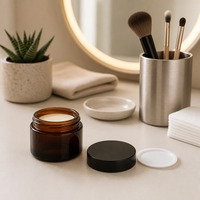 Pot en verre cosmétique ambré brun avec couvercle noir mat à large ouverture, 10 ml, 20 ml, 30 ml, 50 ml