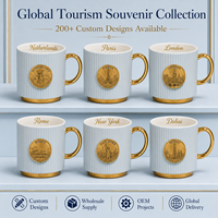 Mug à café en céramique souvenir des Pays-Bas, motif moulin à vent 3D avec insigne métallique doré, en porcelaine fine, personnalisable OEM ODM, vente en gros