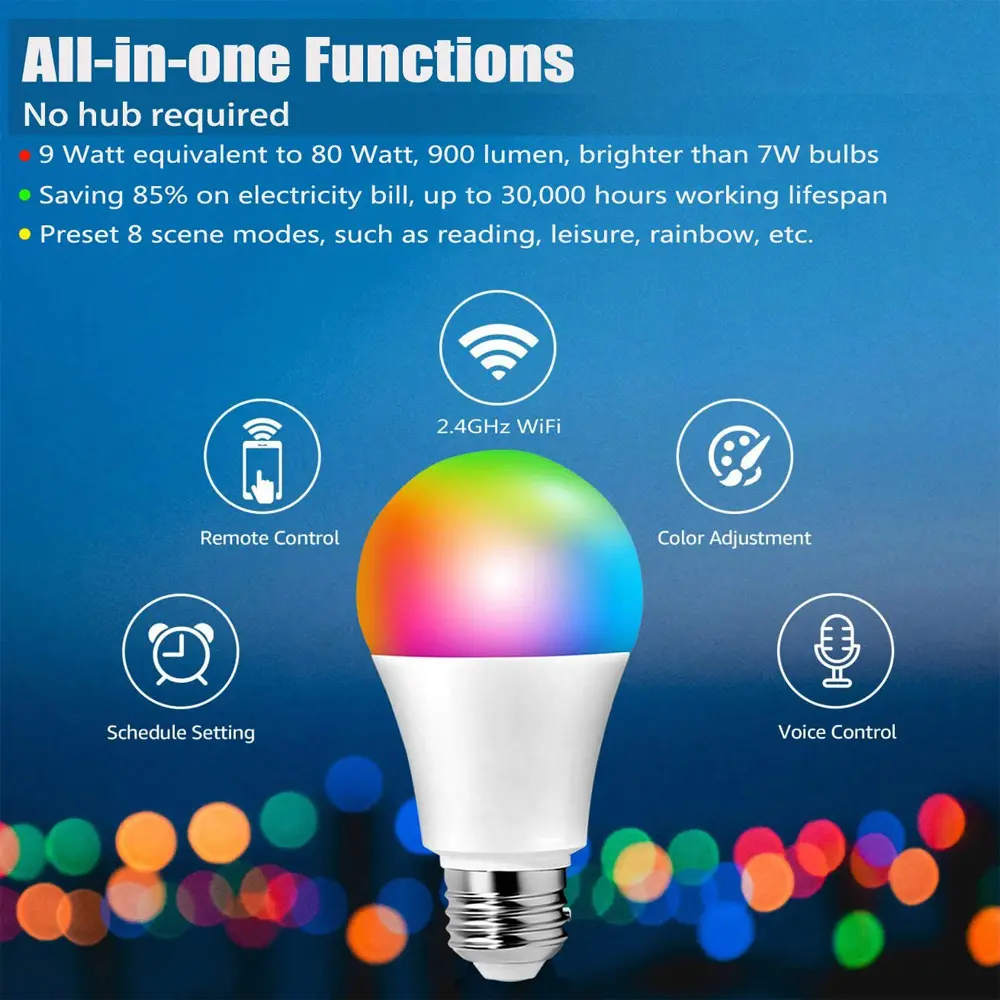 Mobile Phone Controlled Tuya App LED bulb WIFI+BLE Beacon mesh smart Led Bulb 9W 15W E27 B22 RGBW Smart LED Light Bulbs