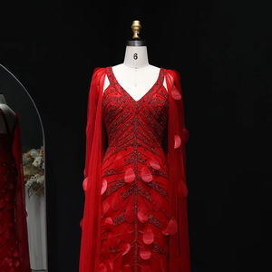 Jancember LSZ283 Sexy Vermelho V Neck <span class=keywords><strong>Prom</strong></span> Vestido 3D Floral Frisado Bainha Vestido com Capa - Product Image 3