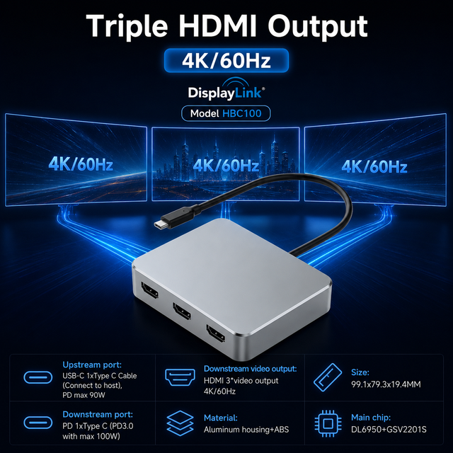 DisplayLink USB C to Triple HDMI Adapter 4K 60Hz 3 HDMI Multi Monitor Splitter Type C Video Converter for MacBook M1 M2 M3