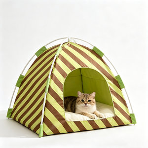Striped Oxford Fabric Pet Tent <b>Bed</b> With Removable Faux Fur Pad For Dogs Indoor All Seasons Collapsible Design - Product Image 3