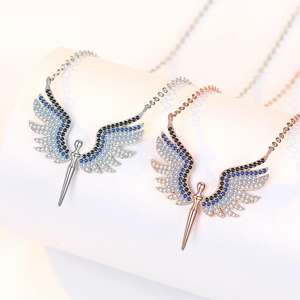 Collar Largo de Plata de Ley Fina Personalizado con Circonitas Azules Zafiro y Diseño de Alas de Ángel - Product Image 1