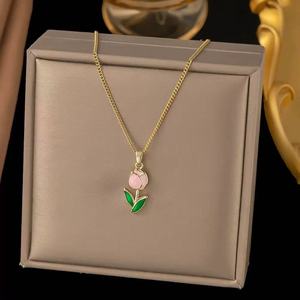 <span class=keywords><strong>Collana</strong></span> a catenina a forma di <span class=keywords><strong>tulipano</strong></span> in acciaio inossidabile con fiore di lusso Non sbiadito 18k placcato in vero oro smalto a goccia regalo - Product Image 3