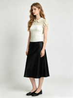 Haut en tricot côtelé à pois avec col Peter Pan pour femme, style rétro, manches courtes bouffantes, coupe courte, chemisier quotidien élégant pour femme