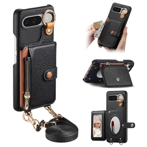Étui portefeuille à bandoulière en cuir de litchi pour <span class=keywords><strong>Google</strong></span> Pixel Pro <span class=keywords><strong>10</strong></span> XL/9 Pro/9A/S24FE, coque arrière avec miroir - Product Image 3