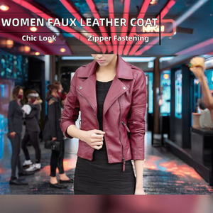 Women Raw Zipper Faux Leather Woven V-neck Anti-shrink <b>Short</b> Bomber Motorcycle Outerwear <b>Jacket</b> for Party Streetwear Club - Product Image 2