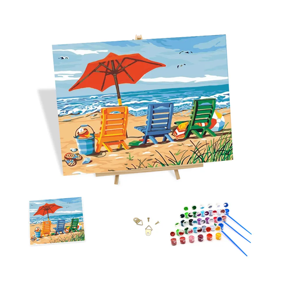 ภาพวาดสีน้ำมันวาดด้วยมือตามตัวเลขเก้าอี้เลานจ์บนชายหาดผ้าใบพิมพ์ภาพทิวทัศน์ด้วยชุดตัวเลข