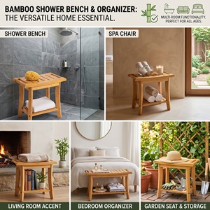 Tabouret de salle de bain en bambou avec rangement, siège de douche antidérapant pour salle de bain - Product Image 4