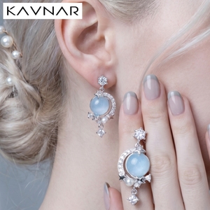 Boucles d'oreilles pendantes KAVNAR en laiton plaqué argent épais, avec pierre <span class=keywords><strong>de</strong></span> lune œil <span class=keywords><strong>de</strong></span> chat, zircon cubique et perle, pour femme - Product Image 1