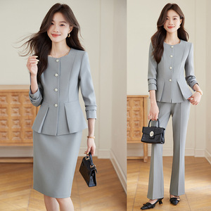 Women's Two Piece Suit Set Grey Office Lady Style Three Quarter Sleeve Anti Wrinkle <b>Skirt</b> And Pants For Work And Formal - Product Image 1
