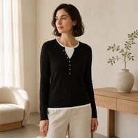 Pull en tricot ajusté pour femme en 100% laine de mouton, style Dark Academia, à effet superposé, avec patte de boutonnage multi-boutons