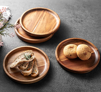 Plateau de service rond en bois d'acacia personnalisé en gros 2025, petit plateau en bois d'acacia pour le café, le petit-déjeuner, le pain