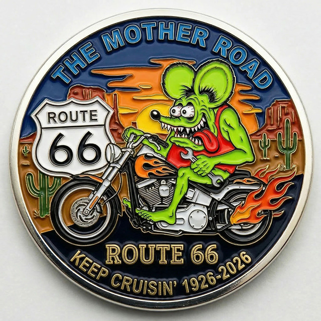 Route 66 Centennial Commemorative Coin, 3D Relief Enamel Colored Design Support Custom Engraving & Wholesale Bulk Orders