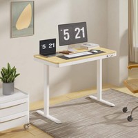 Bureau d'ordinateur électrique réglable en hauteur avec tiroirs, plateau en érable et structure en acier blanc, design moderne pour le bureau à domicile