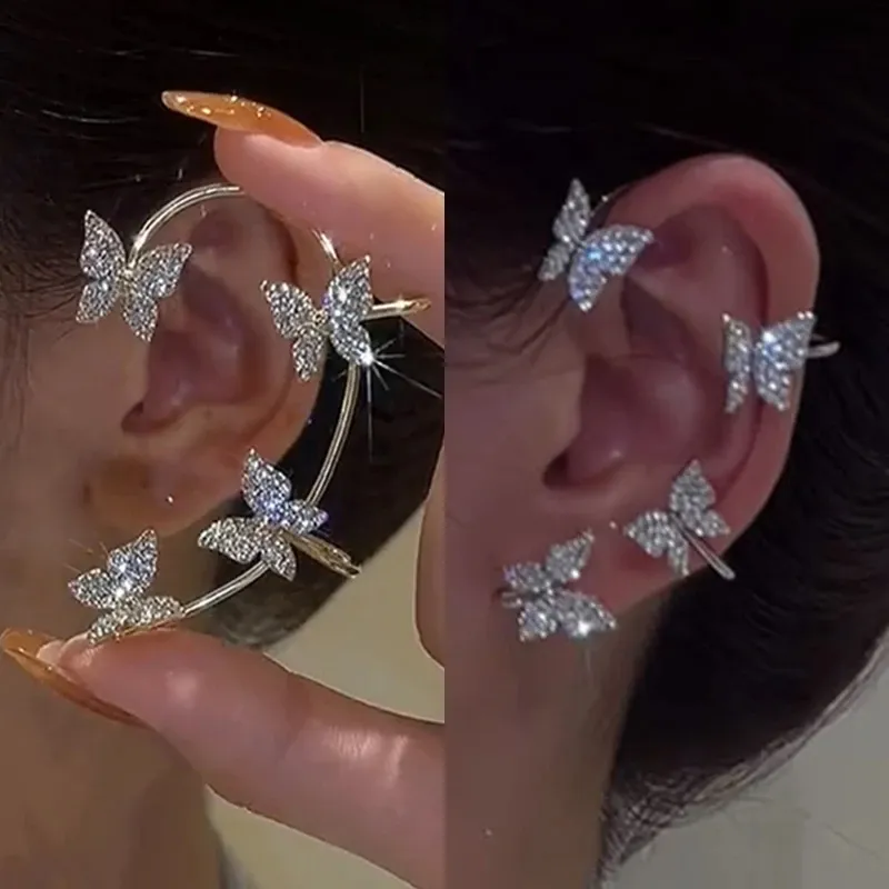 Luxury Shining Zircon Rhinestone Long Tassel Ear Cuff Earrings Exquisite Butterfly Leaf Clip Earrings Wedding Party Jewelry