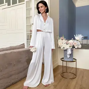 2024 été pyjamas mode haut court deux pièces ample pantalon de pyjama blanc glace soie femmes Homewear