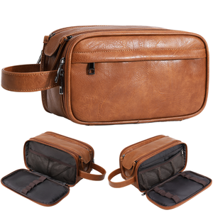 Trousse de toilette vintage en cuir grande capacité multi-compartiments avec sangles élastiques pour homme, idéale pour les voyages d'affaires - Product Image 1